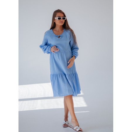 Літнє плаття жатка для вагітних з довгим рукавом та секретом для годування Голубий